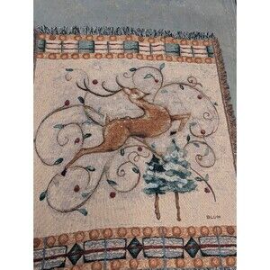 Leaping Deer Reindeer Christmas Vintage Tapestry Afghan Throw Blanket Cheri Blum